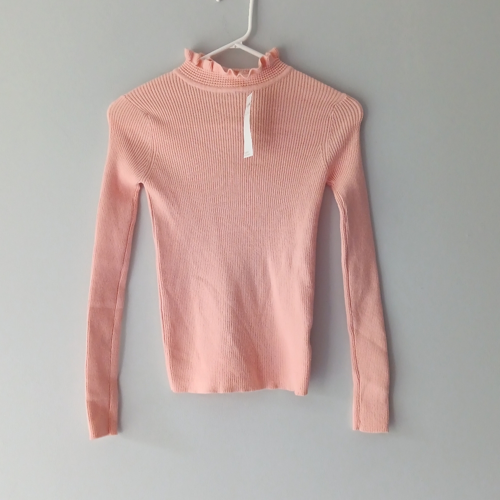 New Bestow Sweater Fitted Rib Knit Long-Sleeve Light Blush Pink Ruffle Medium